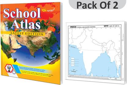 SCHOOL ATLAS LATEST EDITION (ENGLISH) - ART PAPER And SMALL - 100 INDIA PHYSICAL OUTLINE MAP FOR SCHOOL I Combo Pack Of 2 Charts I Learn Geography And Map Skills