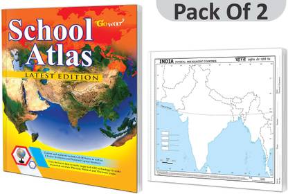 SCHOOL ATLAS LATEST EDITION (ENGLISH) - ART PAPER And SMALL - 100 INDIA PHYSICAL OUTLINE MAP FOR SCHOOL I Combo Of 2 Charts I Students Best Geography Companion