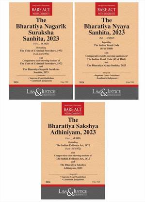 Law & Justice's - NEW – IPC / CRPC / Evidence – Sakshya Bill, 2023 + Nagrik Suraksha Sanhita, 2023 + Nyaya Sanhita, 2023 – BARE ACT – Latest 2024 Edition (3 Book Combo)