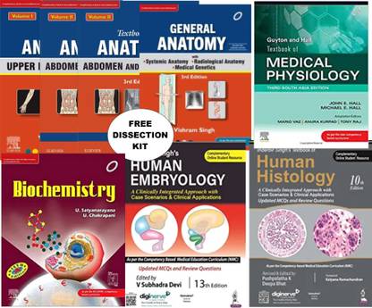 M.B.B.S 1ST Year Set With Free Dissection Kit {1 Human Anatomy (Vishram Singh) + 1 General Anatomy ( Vishram Singh) + 1 Biochemistry ( U. Satyanarayan ) + 1 Physiology (Guyton And Hall) + 1 Human Histology (Inderbir Singh) + 1 Human Embryology (Inderbir Singh) + + 1Dissection Kit }