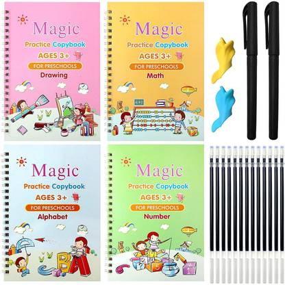 Magic Practice Copybook, Number Tracing Book For Preschoolers With Pen, Magic Calligraphy Copybook Set Practical Reusable Writing Tool Simple Hand Lettering (4 BOOK + 10 REFILL+ 2 Pen +2 Grip)