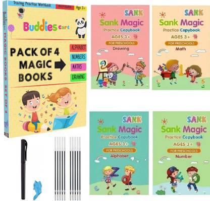 BUDDIES CART Magic Book For Kids | Calligraphy Book & Reusable Notebook | 4 BOOK +1 PEN + 10 REFILL | Magical Book ,Tracing Books For Kids Ages 2-6 | ABCD Writing Practice For Kids