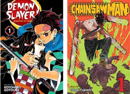 Bestselling Manga [ Demon Slayer Vol 1 + Chainsaw Man Vol 1 ] Free Bookmarks Included