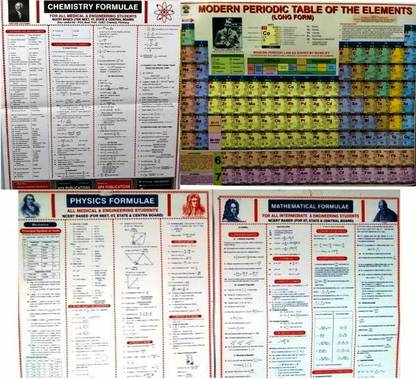A Set Of Four Formula Wall Chart Physics,chemistry,math,periodic Table For Intermediate(11th And 12th Class)In English For All Boards And Iitjee,NEET Students