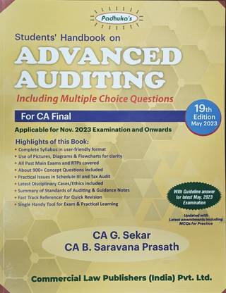 Commercial CA Final Padhuka Students Handbook On Advanced Auditing Including MCQs By G. Sekar B. Saravana Prasath Applicable For November 2023 Exam