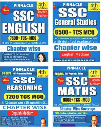 Pinnacle Publications Combo Set Of 4 Books 1. SSC English 7600 TCS MCQ Chapter Wise | 2.SSC General Studies 6500 TCS MCQ Chapter | 3.SSC Reasoning 7200 TCS MCQ Chapter Wise | 4. SSC Maths 6800 TCS MCQ Chapter Wise All Books Are 4th Edition 2023 ( English Medium )