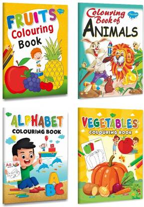Set Of 4 Colouring Books For Children Fruits, Animals, Alphabet And Vegetables