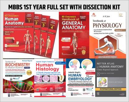 MBBS 1ST YEAR SET 2023 (Textbook Of Anatomy (Bd Chaurasia 9th Ed)+ Handbook Of General (BD Chaurasia 7th ) + Textbook Of Physiology (AK Jain 10th Ed) + Textbook Of Biochemistry (DM Vasudevan 10th Revised) + Textbook Of Histology (Inderbir Singh 10th Revised) +Textbook Of Embryology (Inderbir Singh 13th Revised) + Netter Atlas 8th Ed + *FREE DISSECTION BOX )