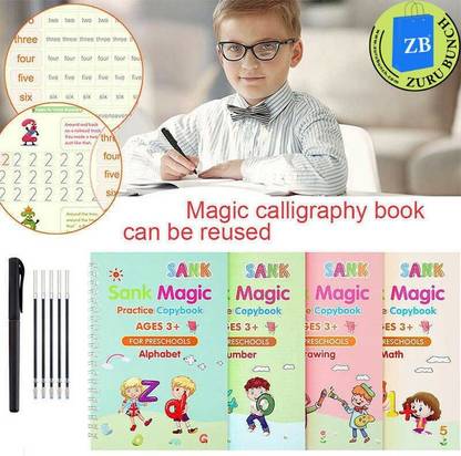 ZURU BUNCH 4 Packs Sank Magic Practice Copybook For Kids Reusable Writing Practice Workbook-Alphabet - Number - Math - Drawing (Drawing Book With Pen)