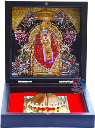Saichha Gifts Shirdi Sai Baba Photo Frame with Charan Paduka, Sadguru Sai Wooden Momento Decorative Showpiece  -  12 cm