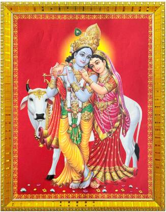 koshtak Radha Krishna With Cow Photo Frame With Lamination For Puja Room/Gift/Home Decor Religious Frame