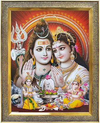 koshtak Shiva Parvati Giving Blessing to Ganesh & Kartikeya Ji/Shiv Parivar & Shivling Religious Frame