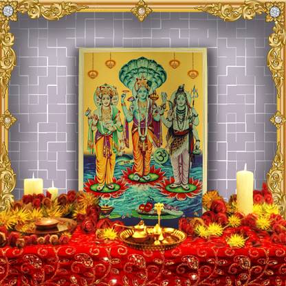 HAWAI Lord Brahma Vishnu Mahesh Gold Plated Photo For Walldécor (without Frame) Religious Frame