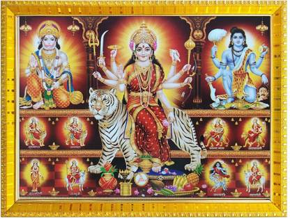 koshtak Durga Maa/Ambe/Sherawali/ Nav Durga 9 Form On Tiger With Hanuman & Kaal Bhairav Religious Frame