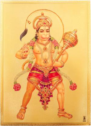 HAWAI Shree Bajrang Bali Hanuman Ji Gold Foil Embossed God Goddess Photo( No Frame) Religious Frame