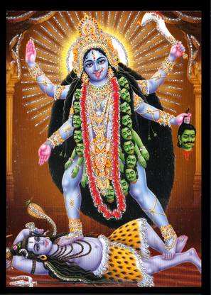Deshkart KALI MATA (5 Inch X 7 Inch) Sparkled Laminated Photo With Back Support Mount Religious Frame