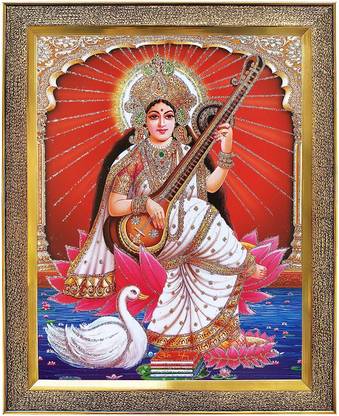 koshtak Saraswati Mata On Lotus With Sitar & Hans Religious Frame