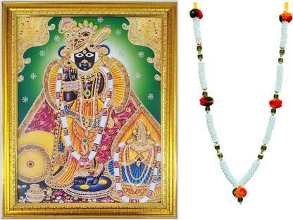 AmayDivine Shree Banke Bihari Ji Photo Frame with Green Mala, Kunj Bihari Religious Frame