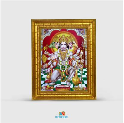 ART NAGRI PANCHMUKHI HANUMAN RELIGIOUS WOOD PHOTOFRAME WITH GLOSSY RESINCOATED FOR POJA Religious Frame