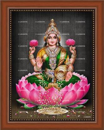 Lavanyas Lakshmi Devi With Green Saree And Pink Lotus Religious Frame