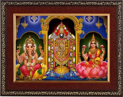 PrintShare Image of Shri Tirupati Balaji Lord Venkateswara with Ganeshji and Lakshmiji Religious Frame