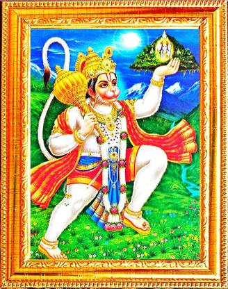 SUNINOW Lord Hanuman Carrying Sanjeevani | Bajrang Bali Hanuman Ji | God Photo with Frame Religious Frame