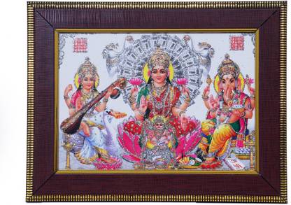 Dharmikk Laxmi, Saraswati & Ganesh Photo Wooden Photo Frame | Hindu Devi Devta Photo Religious Frame