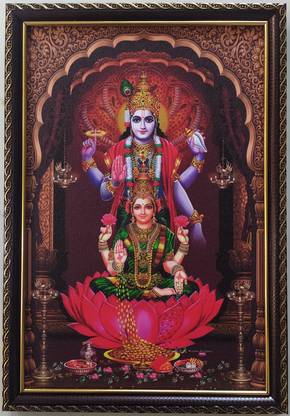 SujArta Bhagwan Vishnu Lakshmi Photo, (Medium Size) 13 * 9 inch Vinyl Print, 6 mm Board Religious Frame