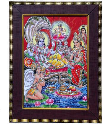 Dharmikk Vishnu laxmi ji on sheshnag with Brahma ji Garuda, narad Muni Photo Frame Religious Frame