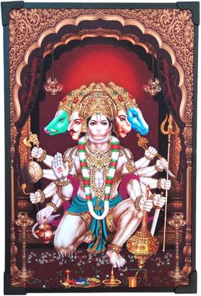SujArta Panchamukhi Hanuman / Anjaneya Photo,(Medium Size) 12 * 8 Inch & 8 mm MDF Board Religious Frame
