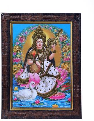 Dharmikk Goddess Saraswati ji Hindu God Wooden Photo Frame Rectangular, Wall Mount Religious Frame
