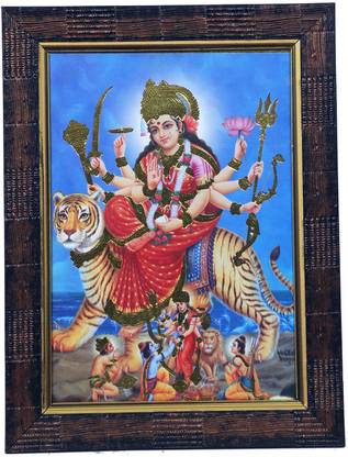 Dharmikk Goddess Durga Hindu God Wooden Photo Frame Rectangular, Wall Mount Religious Frame