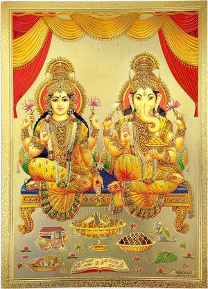 HAWAI Lakshmi ganesh ji Gold Plated Wall Hanging Photo(No Frame Include,5x7inch) Religious Frame