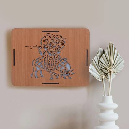 Gojeeva Premium Wood Multicolor LED Krishna Carved Pattern Wall Frame For Home, Office Religious Frame