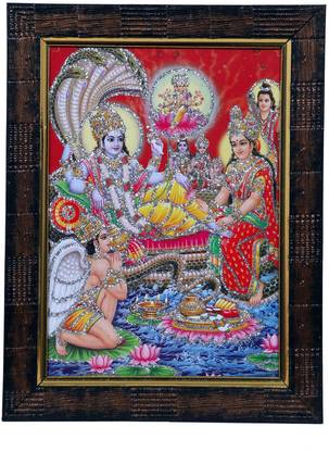 Dharmikk Lord Vishnu Darbar Hindu God Wooden Photo Frame Rectangular, Wall Mount Religious Frame