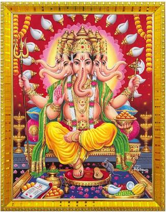 koshtak Panchmukhi Ganesh Photo Frame With Lamination For Temple/Puja Room/Home Decor Religious Frame