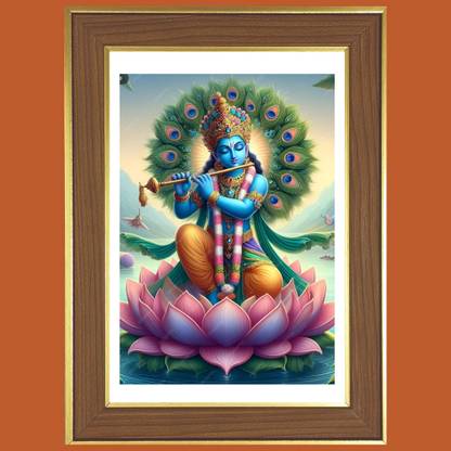 HitechMart Sri Krishna On Lotus Photo Frame 10x14 Inches Religious Frame