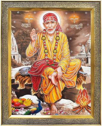 koshtak Shirdi Saibaba Sitting On Stone Throne Giving Blessing Religious Frame