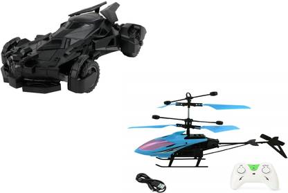 Acoustika Combo Toys - BatMan Turbo Spray RC Car Toy & Flying Chargeable RC Helicopter Toy