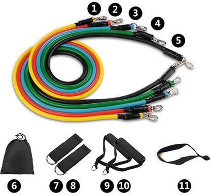 Manogyam 11 PC Latex Band Strength Training Bands Tube Set for Fitness in Home Resistance Tube