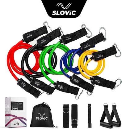 SLOVIC Fitness Resistance Tubes with Foam Handles & Door Anchors | with Workout Guide रेजिस्टेंस ट्यूब