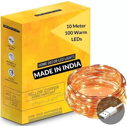 Copper String LED light 10 MTR 100 LED USB Operated Decorative Lights 100 LEDs 10 m Gold Steady Bottle Rice Lights