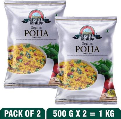 HealthFields Organic Gluten-Free Poha, High In Fibre, Chura, Flattened Rice (Thick) Poha (Long Grain, Unpolished)