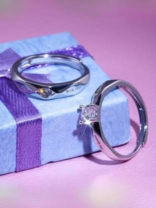 Devora Valentine King Queen Adjustable Couple for Girls and Women Stainless Steel Zircon Sterling Silver Plated Ring Set