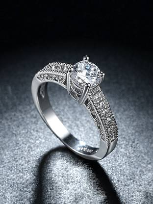 YELLOW CHIMES Valentines day Special White Crystal Adjustable Finger Rings for Women Metal Rhodium Plated Ring
