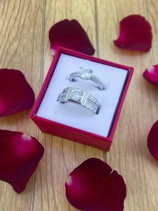 Devora Charming & Beautiful King and Queen lovers valentine couple Adjustable Diamond ring set for girlfriend Stainless Steel Zircon Sterling Silver Plated Ring Set