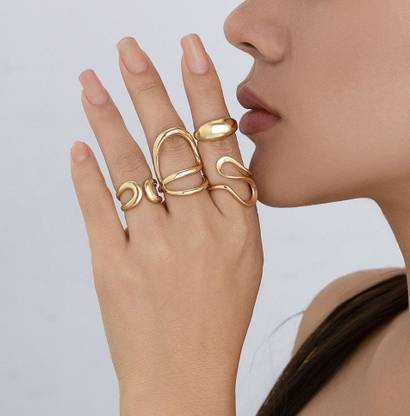 MOGUL Chunky Ring Set combo 4 Stainless Steel Gold Plated Ring Set
