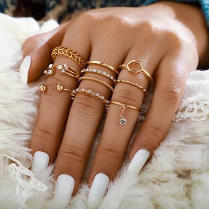 Vembley Eight Piece White Crystal Drop Heart Multi Designs Set Alloy Gold Plated Ring