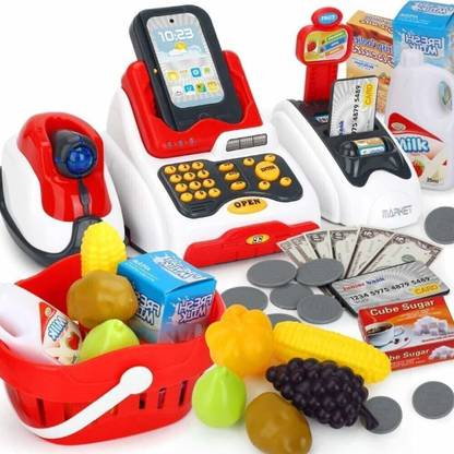 Kp Enterprise Toy Cash Register for Kids with Checkout Scanner, and Food Shopping Play Money and Food Shopping Play Set(Plastic,Multi color, Pack of 1 set)