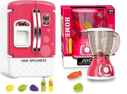 Toybot Mini Juicer & Fridge Playset with Lights & Toy Fruits Kitchen Play Set For Girls